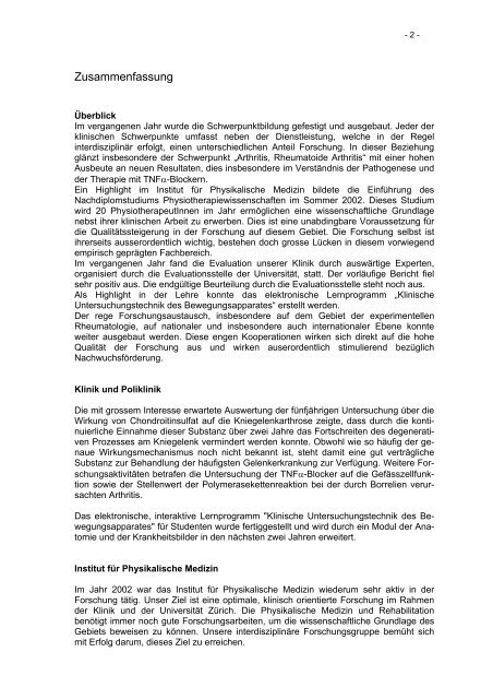 Akademischer Bericht 2002 - Rheumaklinik - UniversitätsSpital Zürich