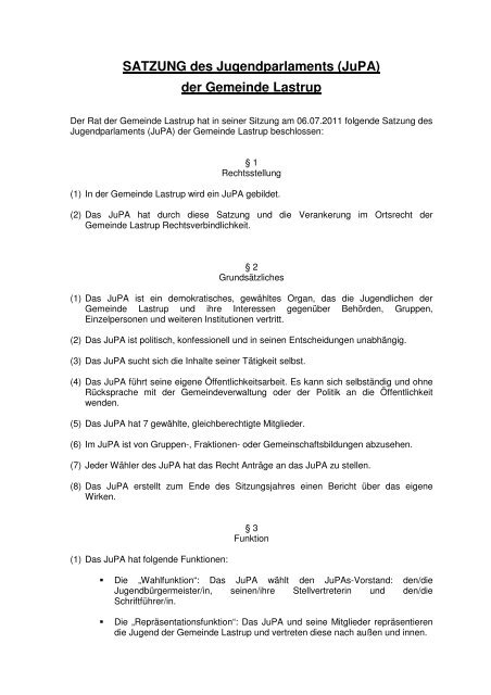 SATZUNG des Jugendparlaments (JuPA) der Gemeinde Lastrup