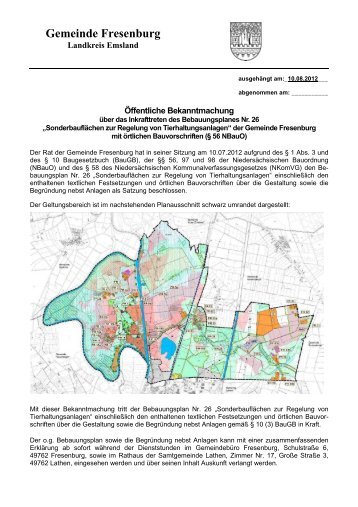 Bekanntmachung B-Plan 26 Fresenburg - Samtgemeinde Lathen
