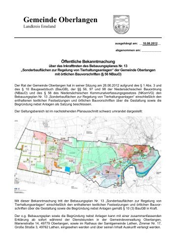Bekanntmachung B-Plan 13 Oberlangen - Samtgemeinde Lathen