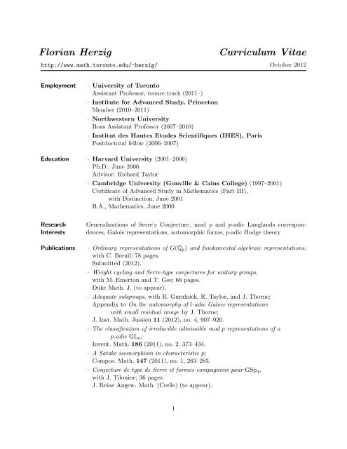 Florian Herzig Curriculum Vitae - Department of Mathematics ...