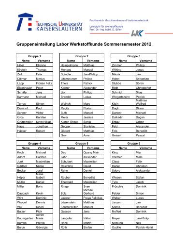 Gruppeneinteilung Labor Werkstoffkunde Sommersemester 2012