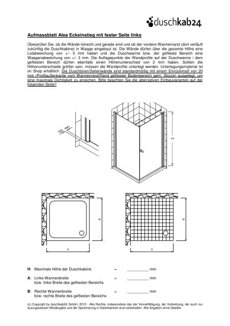 Aufmassblatt Alea Eckeinstieg fester Seite links - Duschkab24
