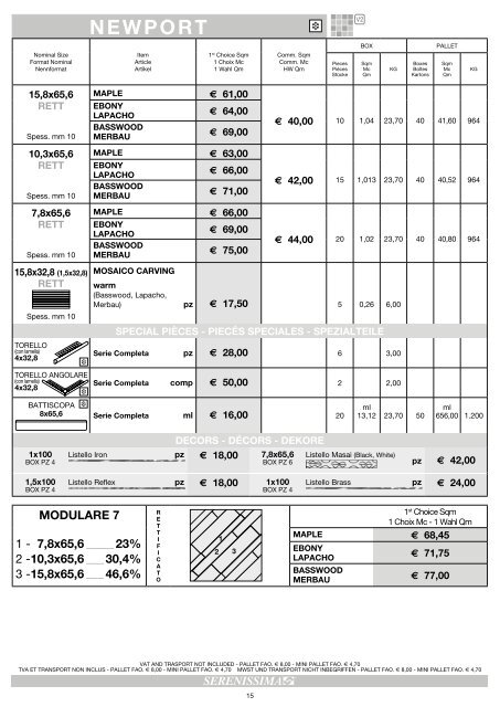 PRICE LIST TARIF PREISLISTE