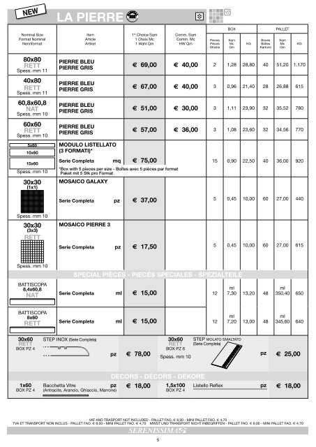 PRICE LIST TARIF PREISLISTE