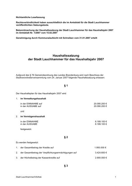 Lesefassung - Haushaltssatzung - Stadt Lauchhammer