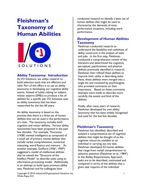 Fleishman S Taxonomy Of Human Abilities Io Solutions Fleishman S Taxonomy Of Human Abilities Io Solutions