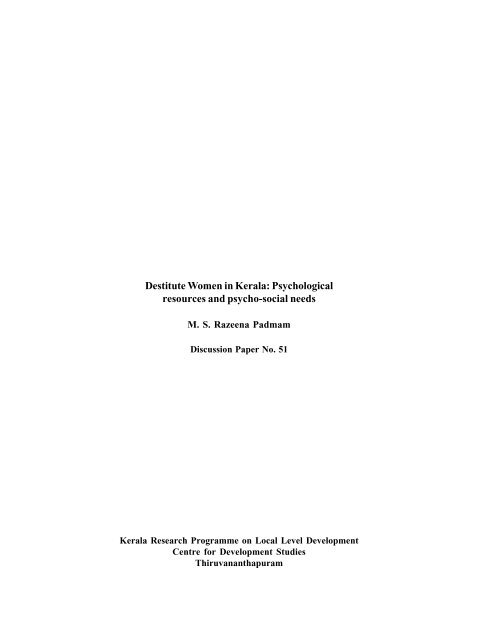 Destitute Women in Kerala: Psychological resources and psycho ...