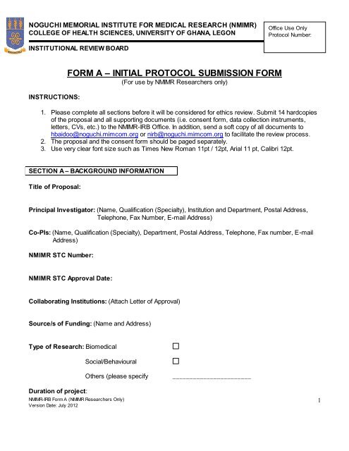 FORM A – INITIAL PROTOCOL SUBMISSION FORM - Noguchi