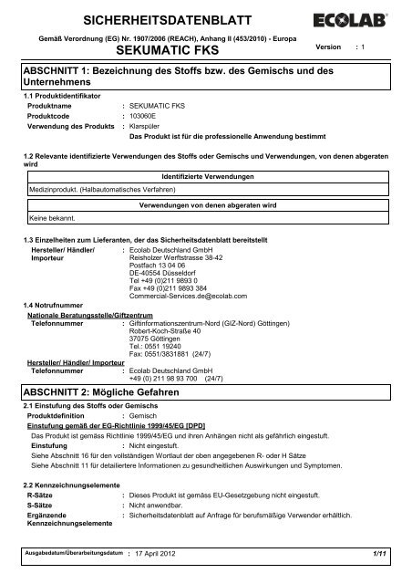 SICHERHEITSDATENBLATT SEKUMATIC FKS - Ecolab Healthcare