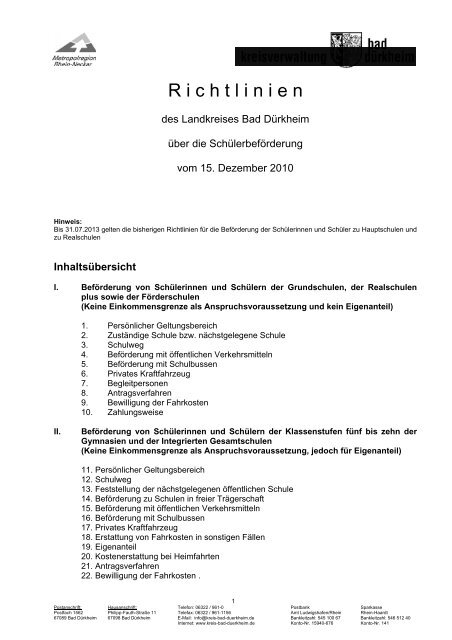 Richtlinien des Landkreises Bad Dürkheim für die Schülerbeförderung
