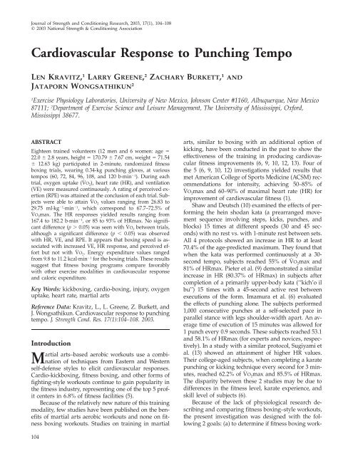 Cardiovascular Response to Punching Tempo - Setanta College