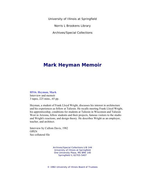 Mark Heyman Memoir - University of Illinois Springfield