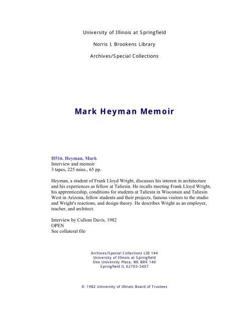 Mark Heyman Memoir - University of Illinois Springfield