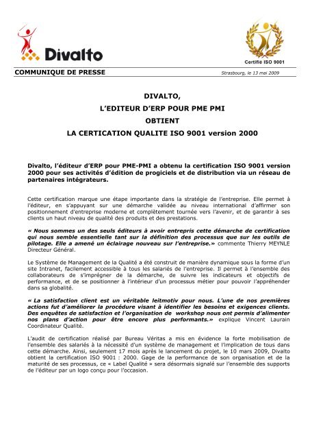 La certification ISO 9001 : 2000 s'avère être un outil de ... - CXP