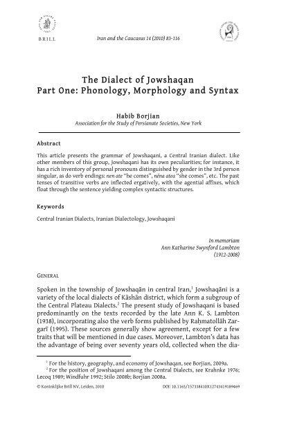 Documentation Of Jowshaqani, A Central Iranian Language – VACMTS