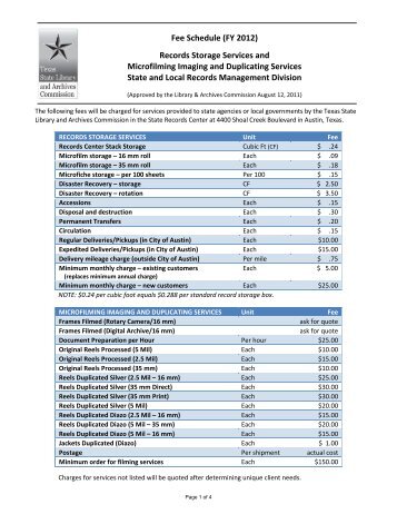 Fee Schedule (FY 2012) Records Storage Services and Microfilming ...