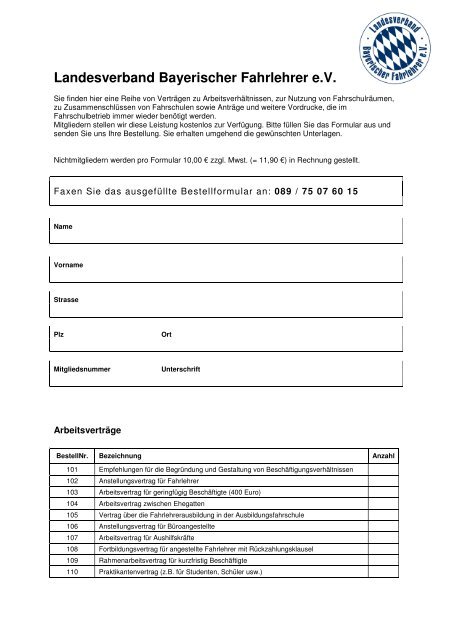Bestellung per Fax / Post - Landesverband Bayerischer Fahrlehrer