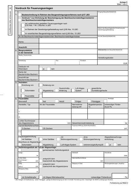 Vordruck für Feuerungsanlagen