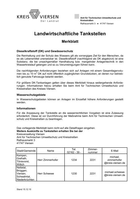 Landwirtschaftliche Tankstellen Merkblatt - Kreis Viersen