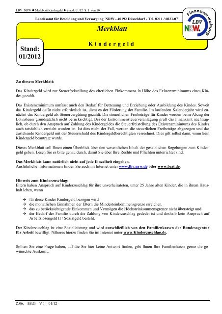 Merkblatt Kindergeld Stand 01 2012 Landesamt Fur Besoldung