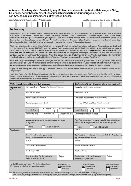 Antrag auf Erteilung einer Bescheinigung für den Lohnsteuerabzug