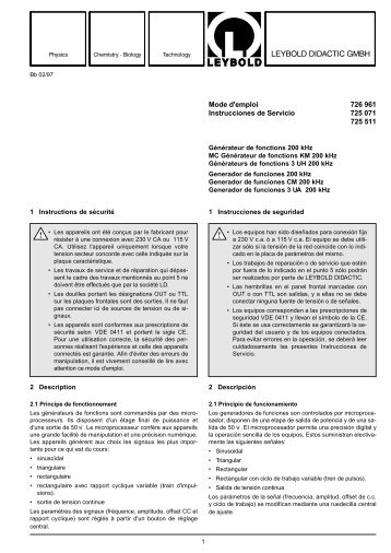 Mode d'emploi 726 961 Instrucciones de Servicio ... - LD DIDACTIC