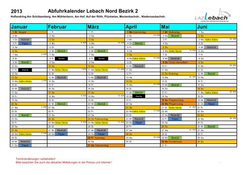 Abfuhrkalender Lebach Nord Bezirk 2 Mai Juni 2013 Januar ...