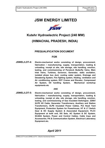 JSW ENERGY LIMITED Kutehr Hydroelectric Project (240 MW)