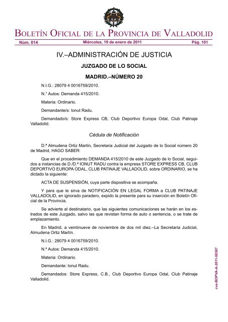 Edicto de Notificación en procedimiento Demanda 415/2010