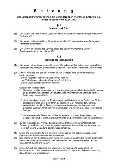 Download Satzung als PDF - Lebenshilfe Pforzheim Enzkreis eV