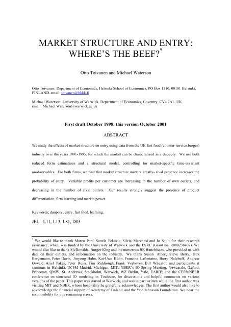 MARKET STRUCTURE AND ENTRY: WHERE'S THE BEEF? - CEPR