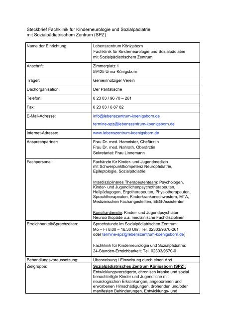 Steckbrief Fachklinik für Kinderneurologie und Sozialpädiatrie mit ...