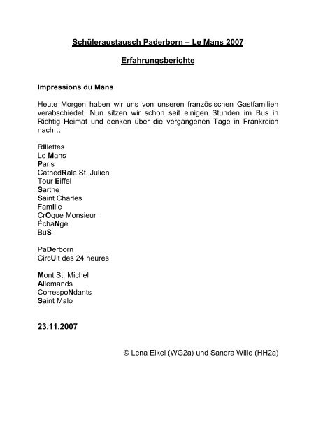 Schüleraustausch Paderborn – Le Mans 2007 Erfahrungsberichte ...