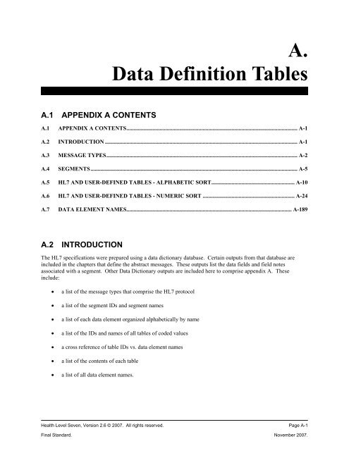 A. Data Definition Tables - HL7