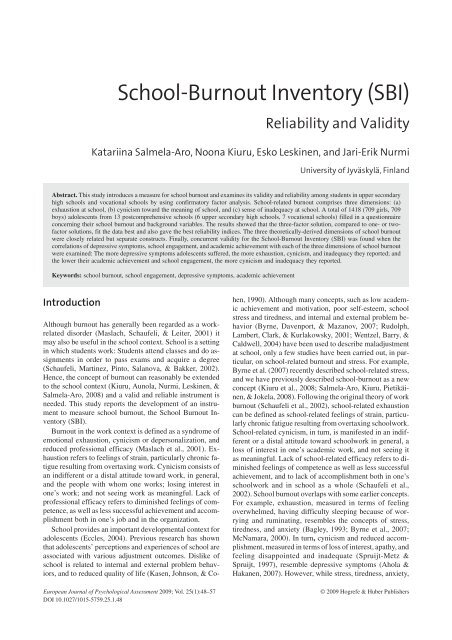School-Burnout Inventory (SBI) - Studenthealth 2012