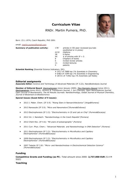 Curriculum Vitae of Martin Pumera - Nanyang Technological ...