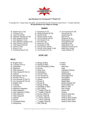 Specifications for Paramount™ Model 332 - Paramount Organ Works