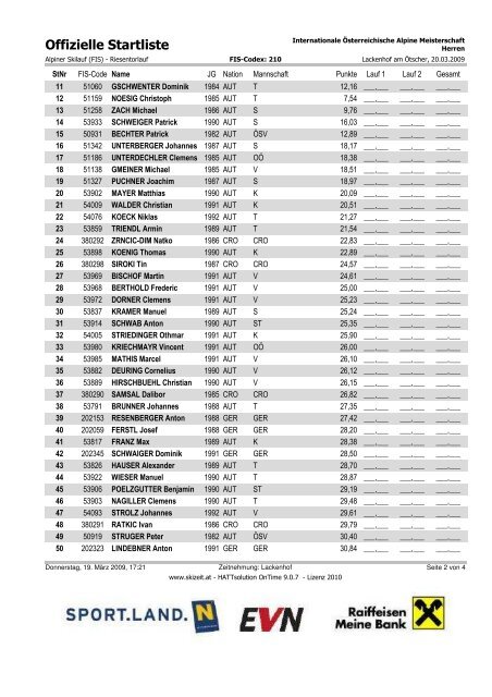 Riesentorlauf Herren 20.03.09 - Startliste - Lackenhof