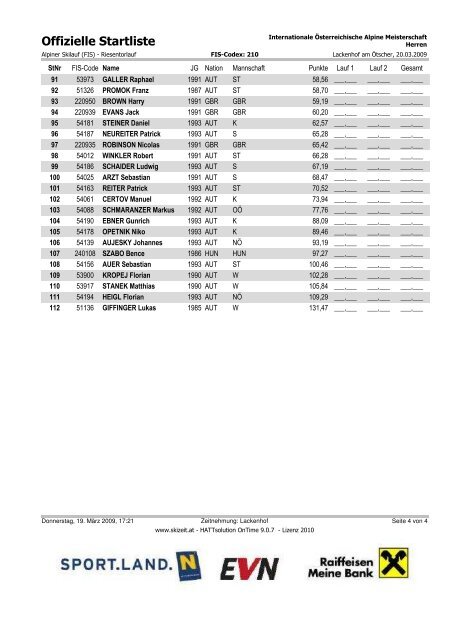 Riesentorlauf Herren 20.03.09 - Startliste - Lackenhof