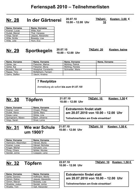 Ferienspaß 2010 – Teilnehmerlisten - Kronshagen