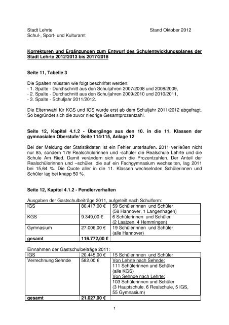 408_Korrekturen und Ergänzungen zum Entwurf des ... - Stadt Lehrte