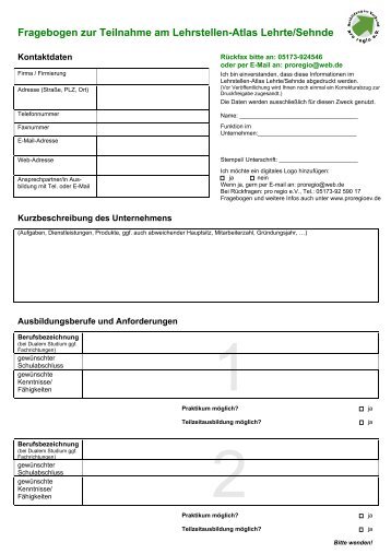 Fragebogen zur Teilnahme am Lehrstellen-Atlas  Lehrte/Sehnde