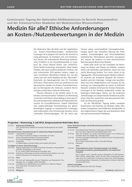 Schweizerische Ärztezeitung Bollettino dei medici svizzeri Bulletin des