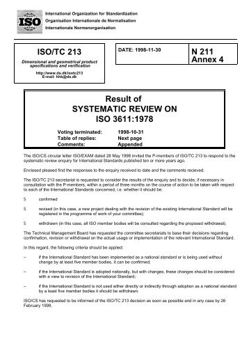 Result of SYSTEMATIC REVIEW ON ISO 3611:1978 - of ISO/TC 213