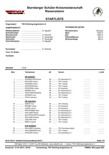 STARTLISTE Starnberger Schüler-Kreismeisterschaft Riesenslalom