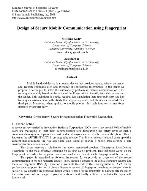 Design of Secure Mobile Communication using Fingerprint