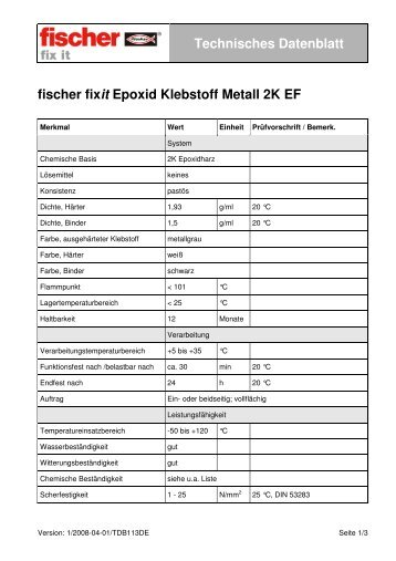 Technisches Datenblatt fischer fixit Epoxid Klebstoff Metall 2K EF