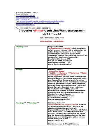 Gregorios aktuelles Winter-Wanderprogramm 2012-2013 incl. Hotel