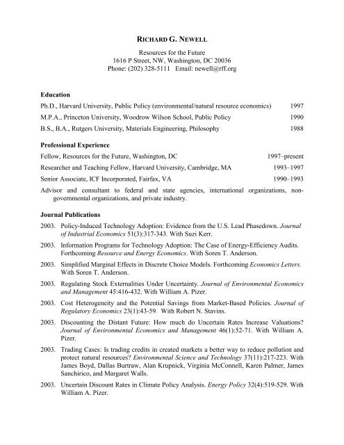 Richard Newell's CV (PDF Version) - Resources for the Future